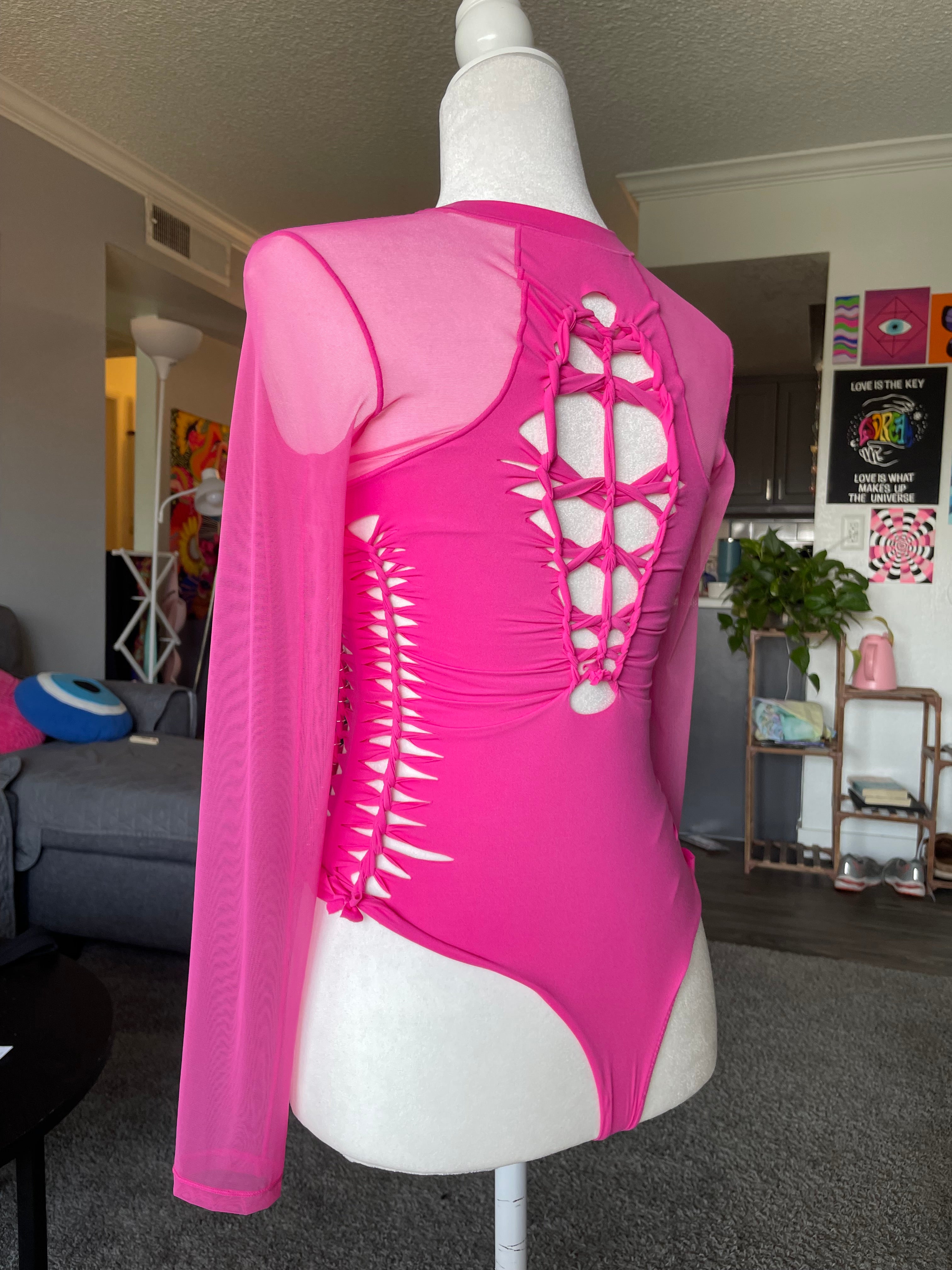 RTS! Medium, Hot Pink, Mesh Aurora Bodysuit, Silver Hoops