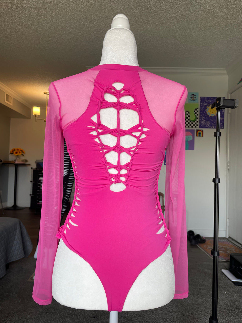 RTS! Medium, Hot Pink, Mesh Aurora Bodysuit, Silver Hoops