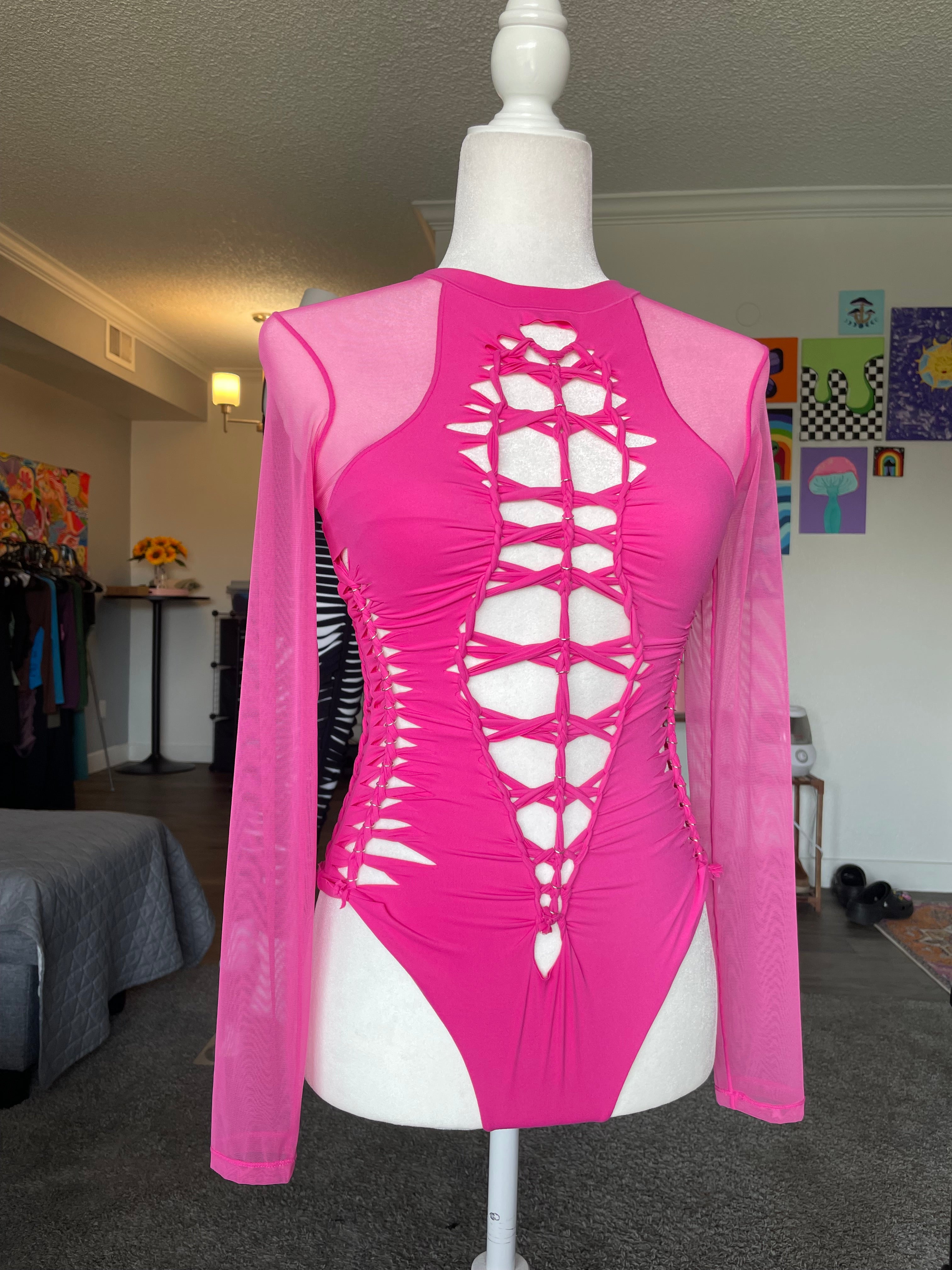 RTS! Medium, Hot Pink, Mesh Aurora Bodysuit, Silver Hoops