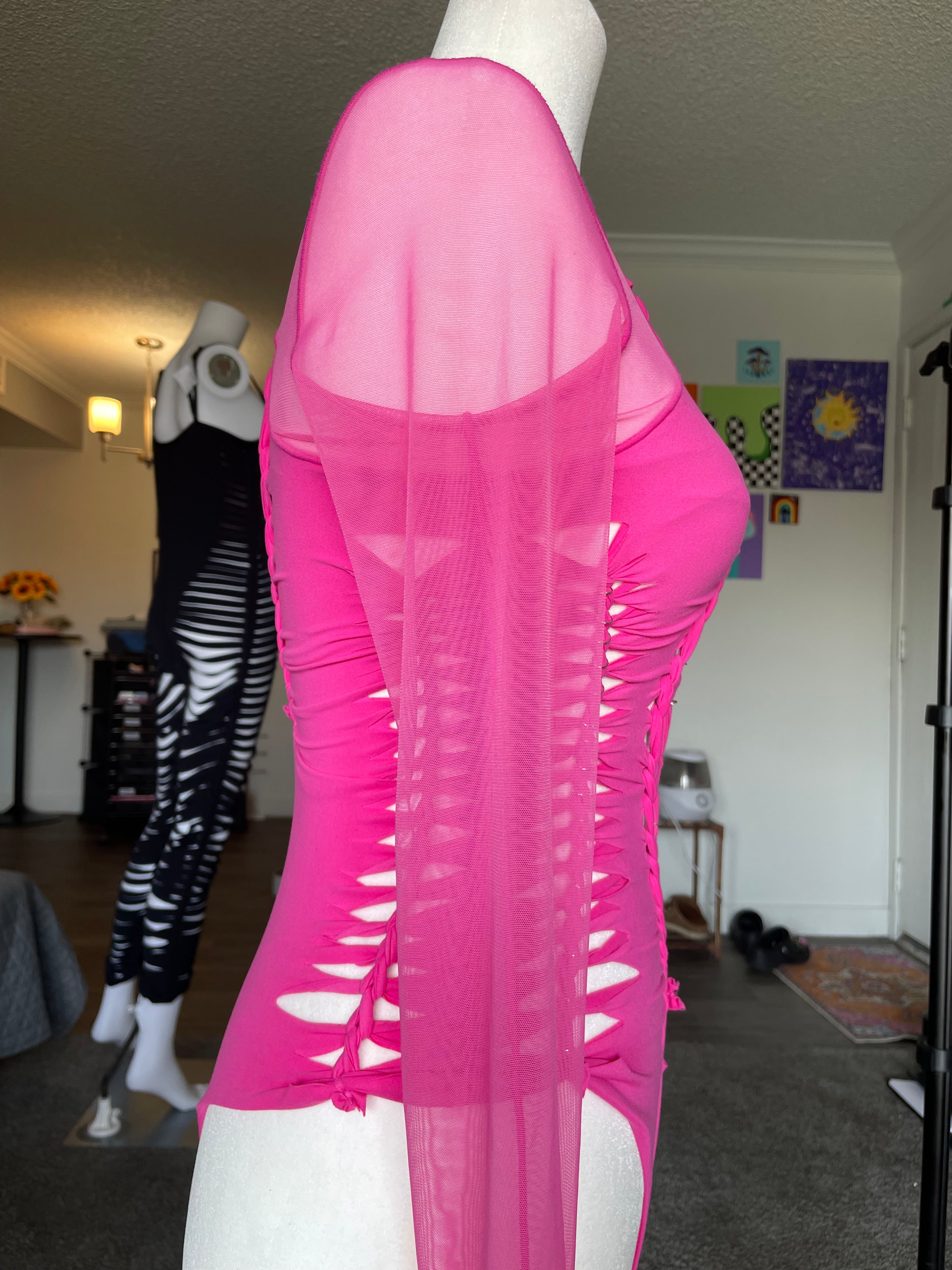 RTS! Medium, Hot Pink, Mesh Aurora Bodysuit, Silver Hoops