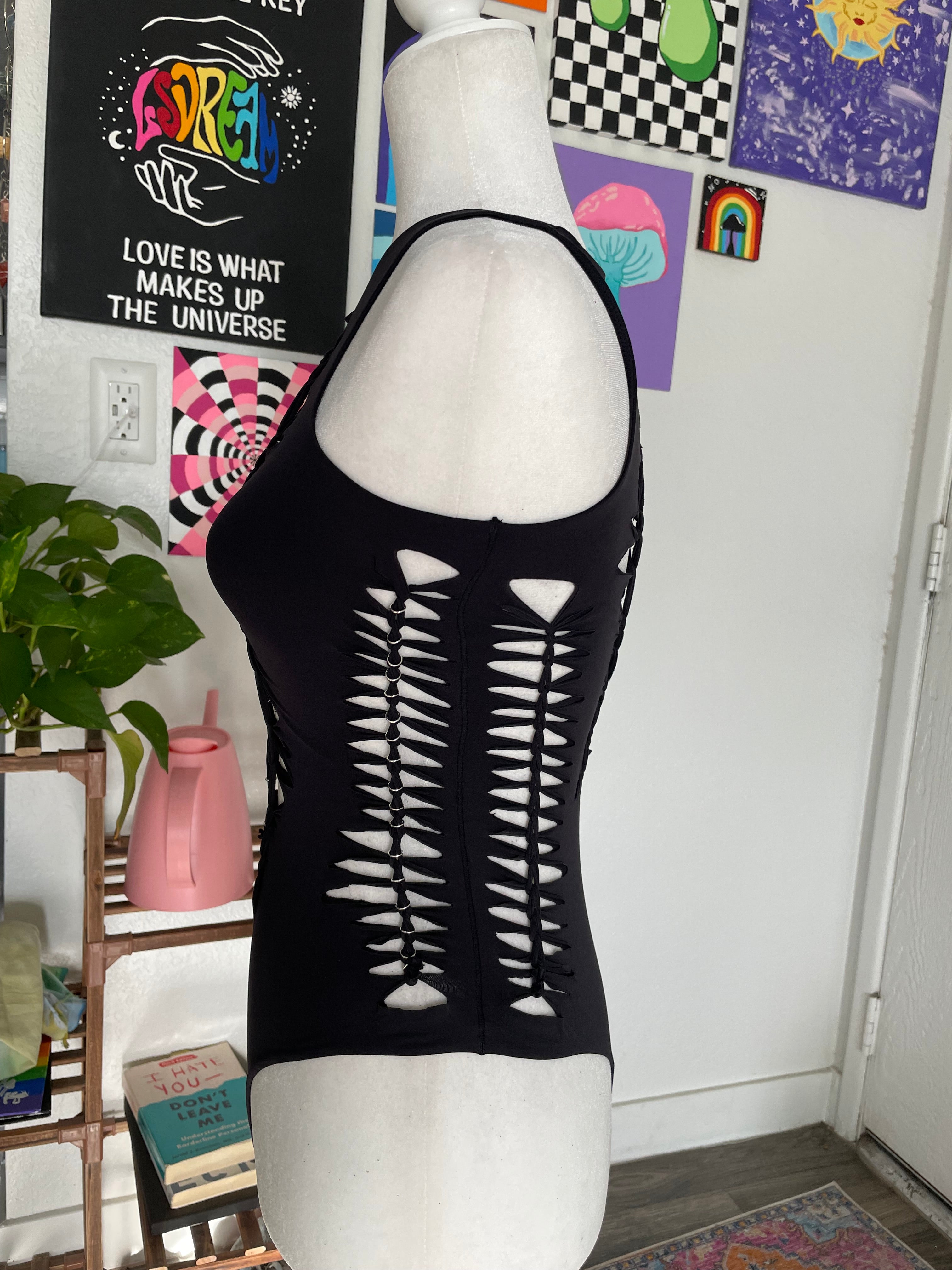 RTS! Small, Black, Aurora Bodysuit, Silver Hoops
