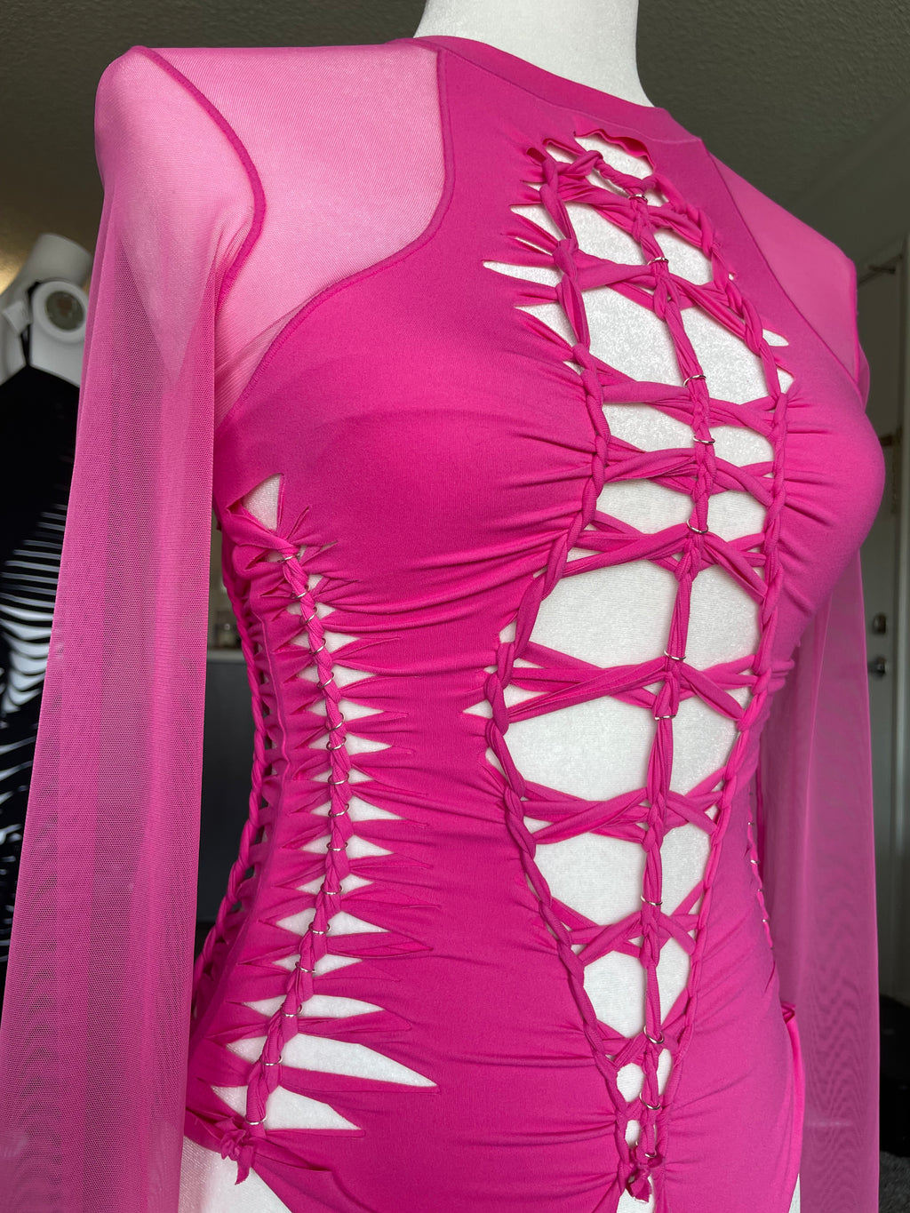 RTS! Medium, Hot Pink, Mesh Aurora Bodysuit, Silver Hoops